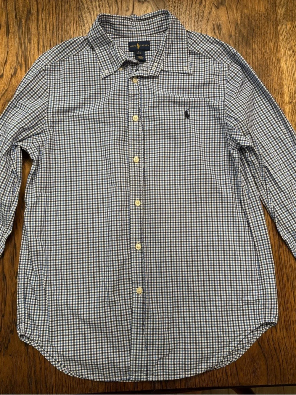 Ralph Lauren Boys Blue Gingham Button-Down Shirt Youth Large 14-16 Cotton Preppy